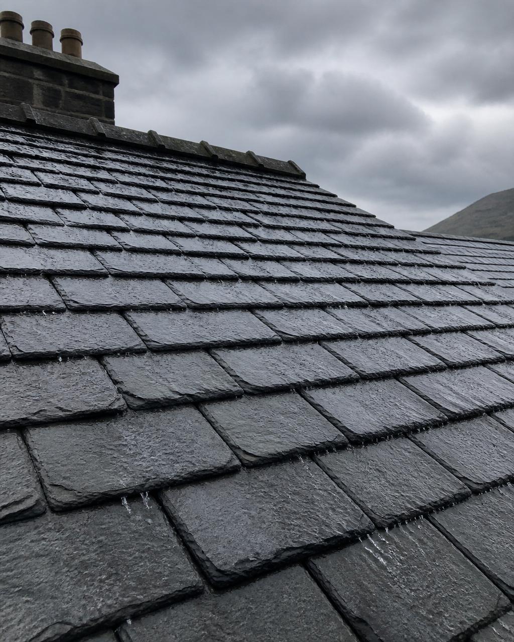 Traditional UK slate roof in the rain — weather-tested craftsmanship from Carlisle roofers