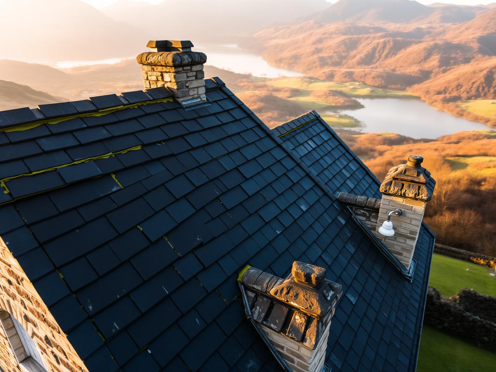 Aerial drone roof inspection of a British slate roof in Cumbria — non-invasive survey by Town & Country Roofing